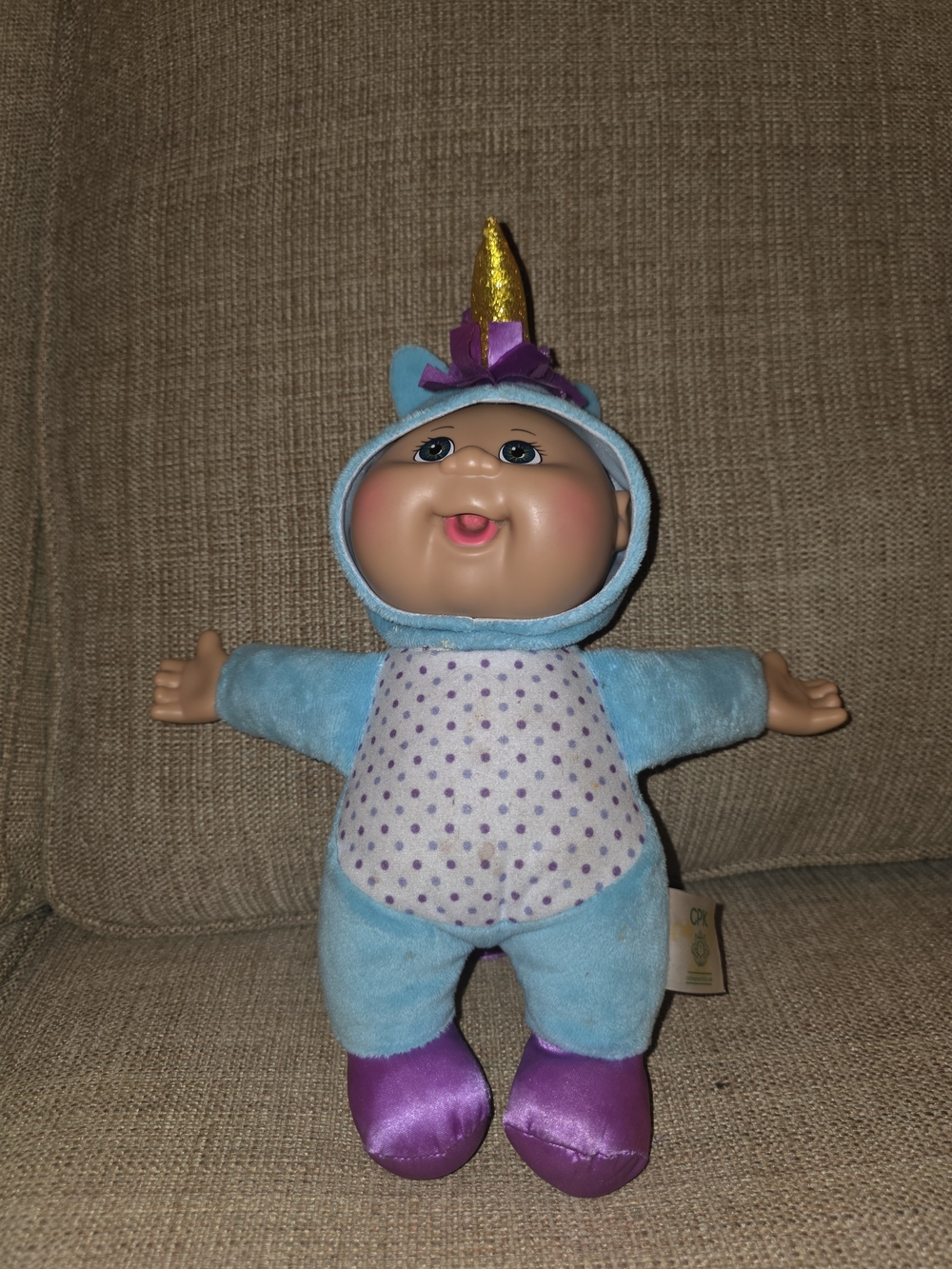 Cabbaga Patch Kid Plush Baby Doll in Blue Unicorn Costume with Purple Accents